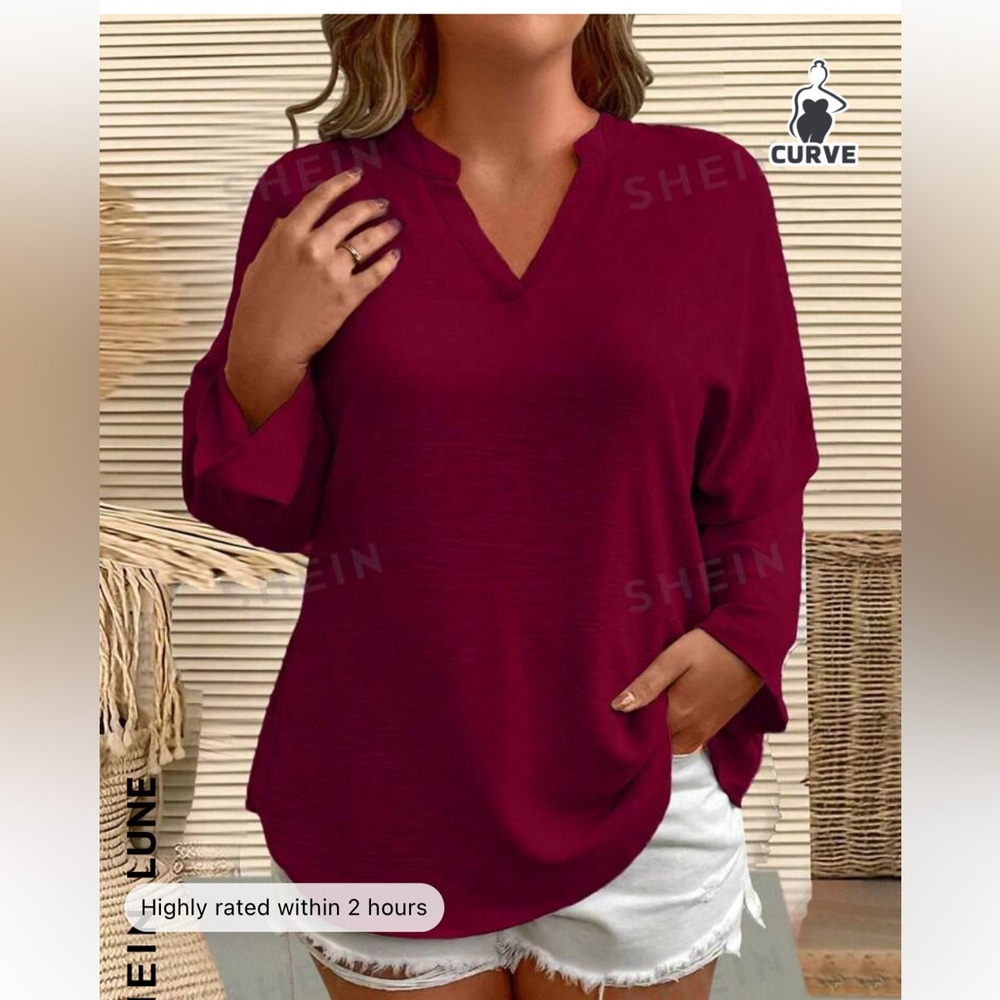 SHEIN LUNE PLUS NOTCHED NECKLINE CURVED HEM BLOUSE RED SIZE 0X 12 NEW TUNIC TOP